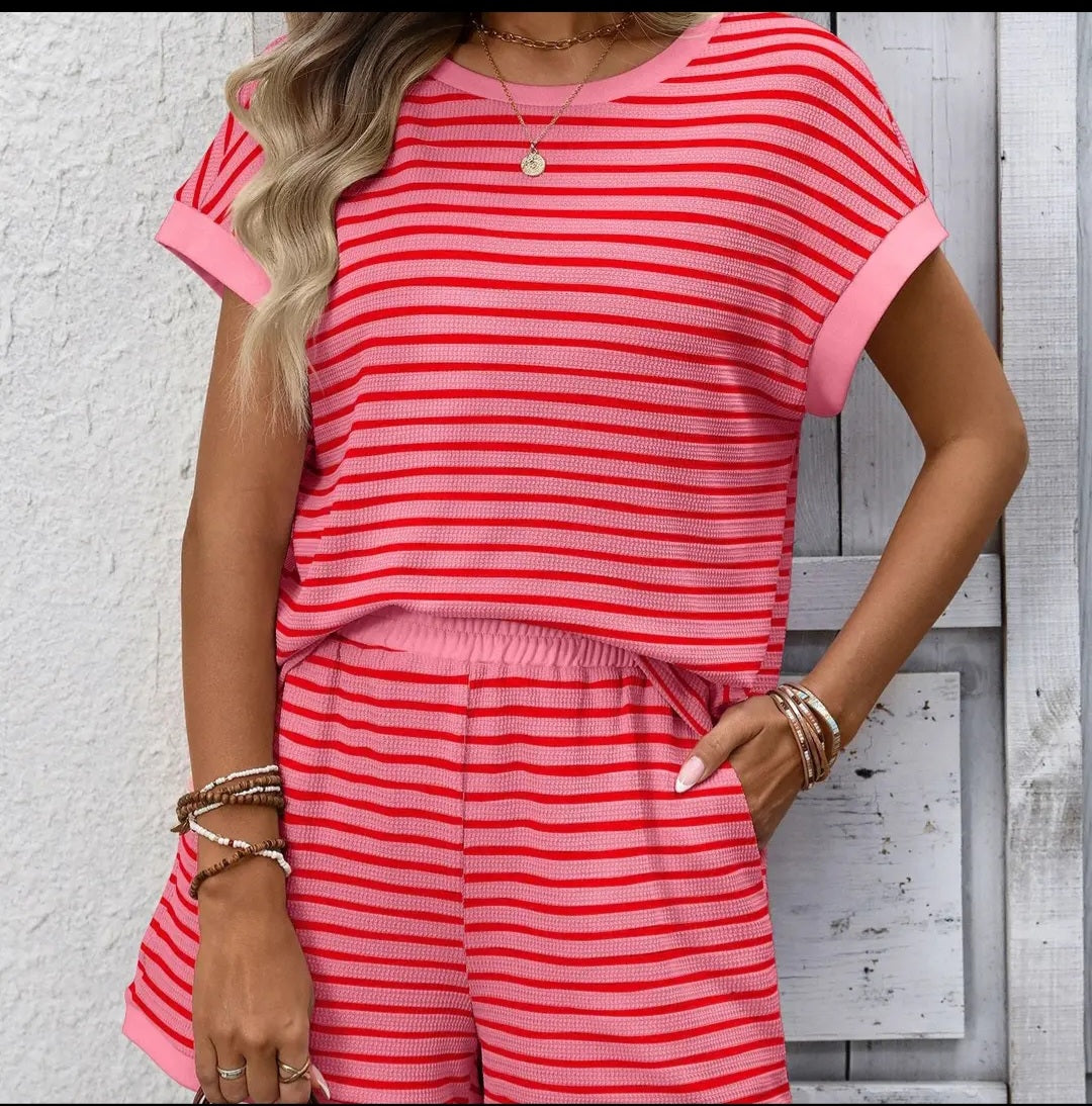 Dark Pink Striped Lounge Set