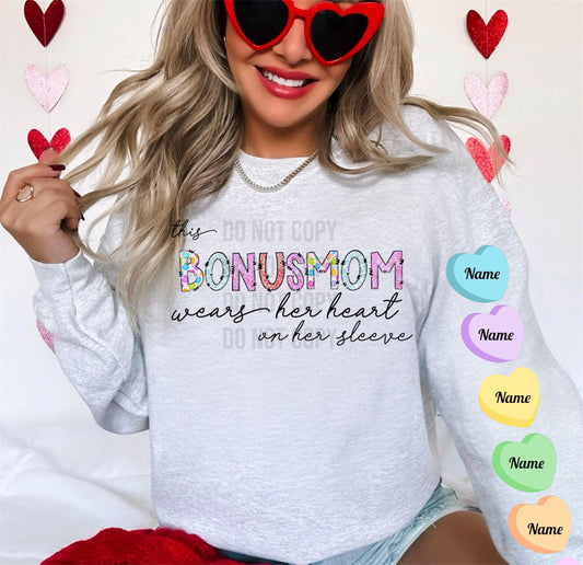 This Bonus Mom wears her heart of her Sleeve (Customizable)